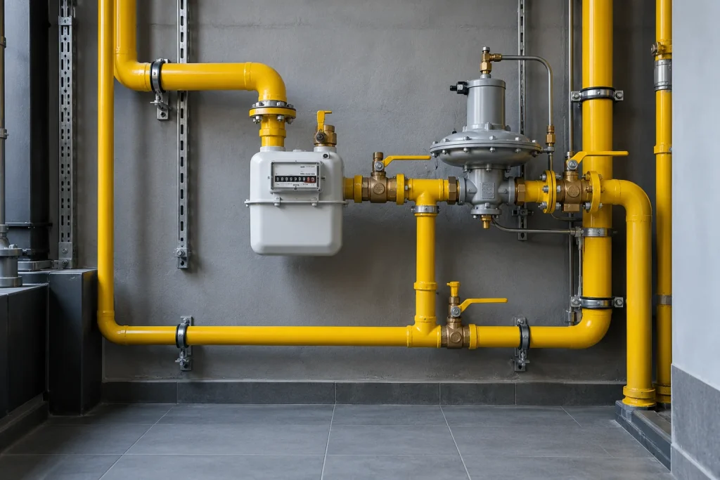 Sarı doğalgaz boruları, gaz sayacı, regülatör ve vanalar
