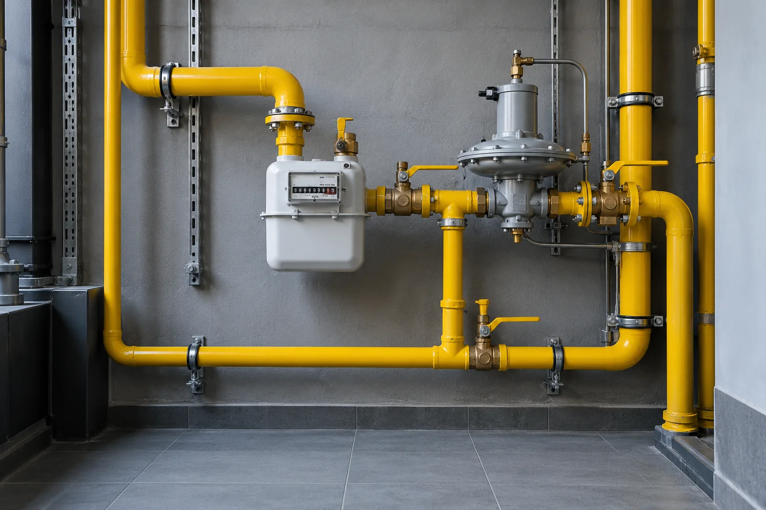 Sarı doğalgaz boruları, gaz sayacı, regülatör ve vanalar