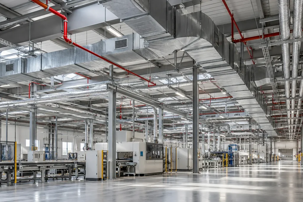 Fabrika içinde havalandırma kanalları ve mekanik tesisat hatları
