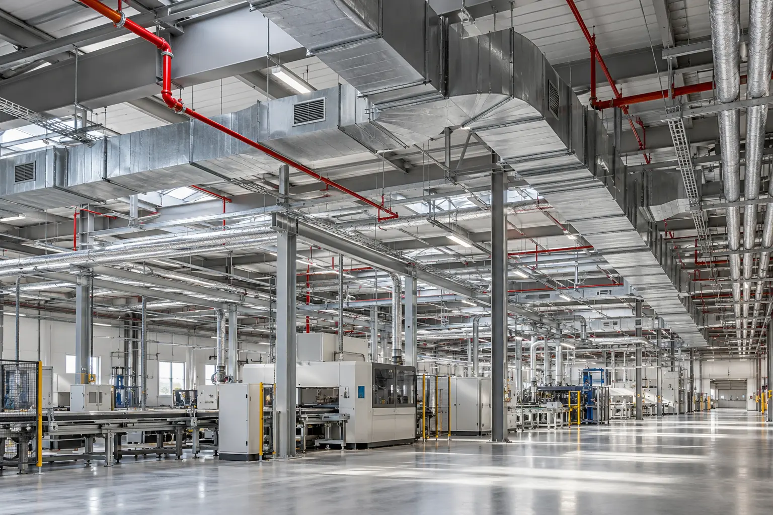 Fabrika içinde havalandırma kanalları ve mekanik tesisat hatları
