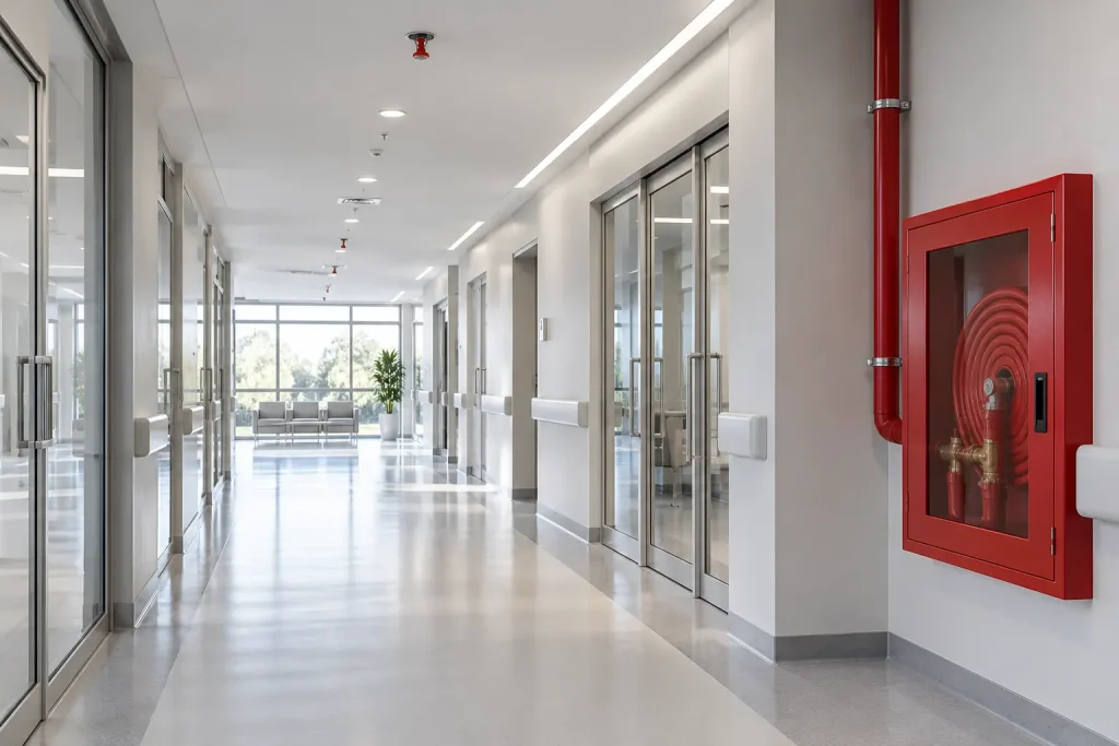 Hastane koridorunda sprinkler başlıkları ve kapalı yangın dolabı