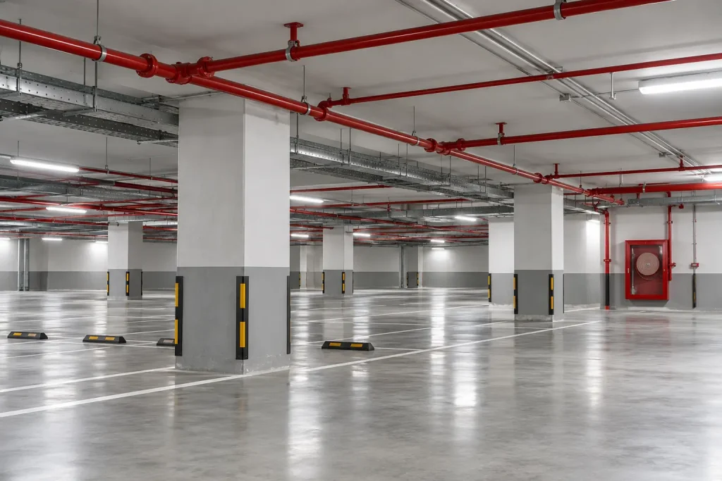 Kapalı otopark tavanında kırmızı sprinkler boruları