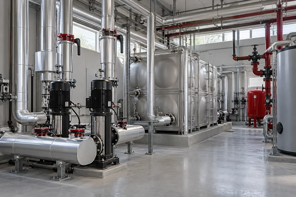 Otel teknik odasında yalıtımlı su boruları ve sirkülasyon pompaları