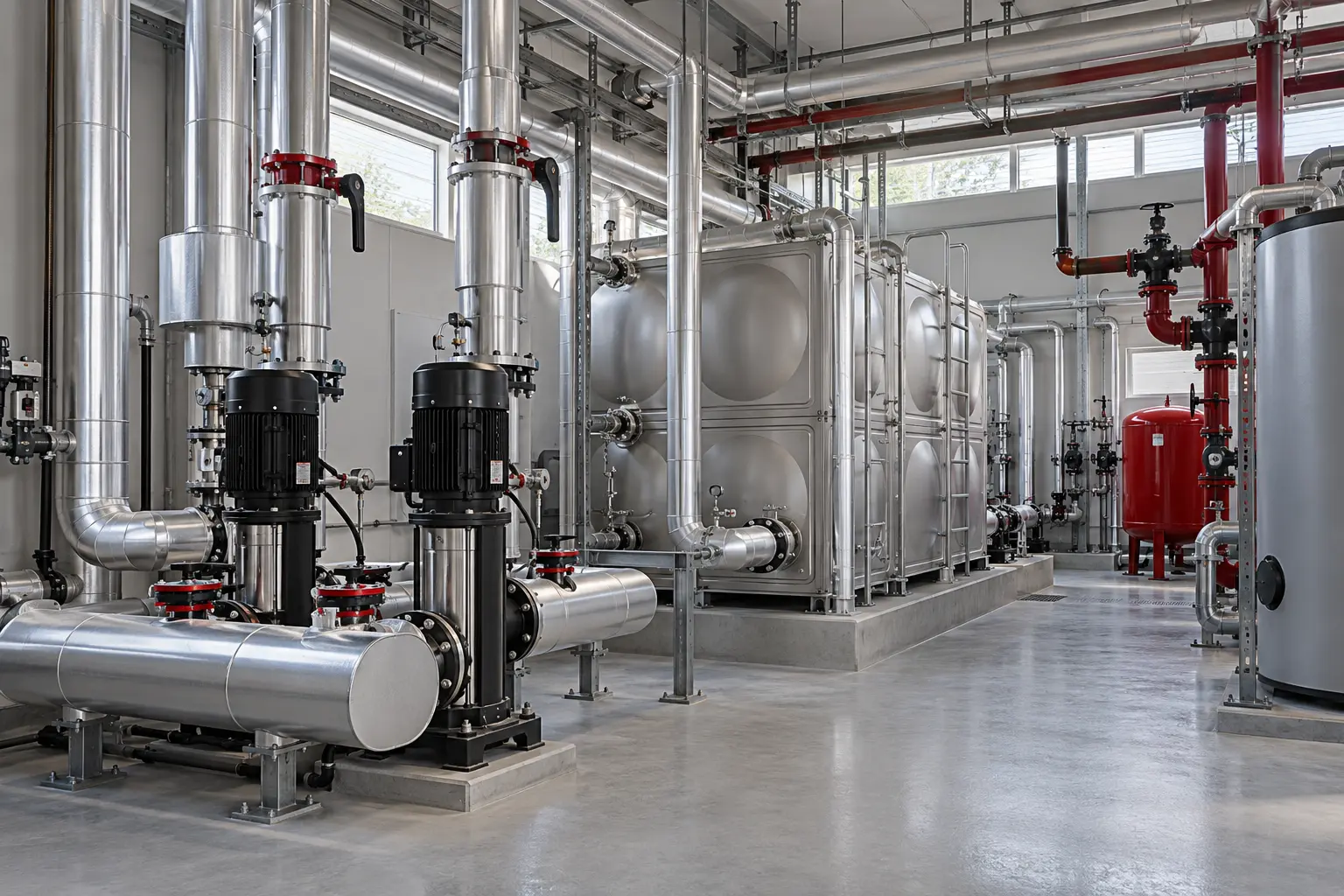 Otel teknik odasında yalıtımlı su boruları ve sirkülasyon pompaları