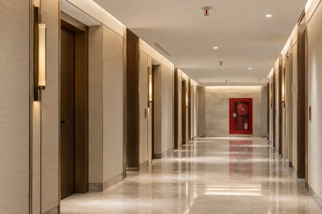 Otel koridorunda tavan sprinkler başlıkları ve yangın dolabı