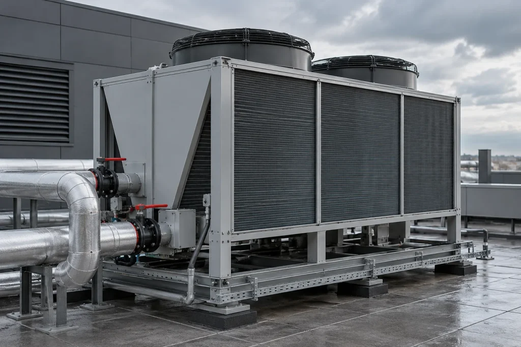 Çatı tipi chiller, fanlar ve yalıtımlı soğutma hatları