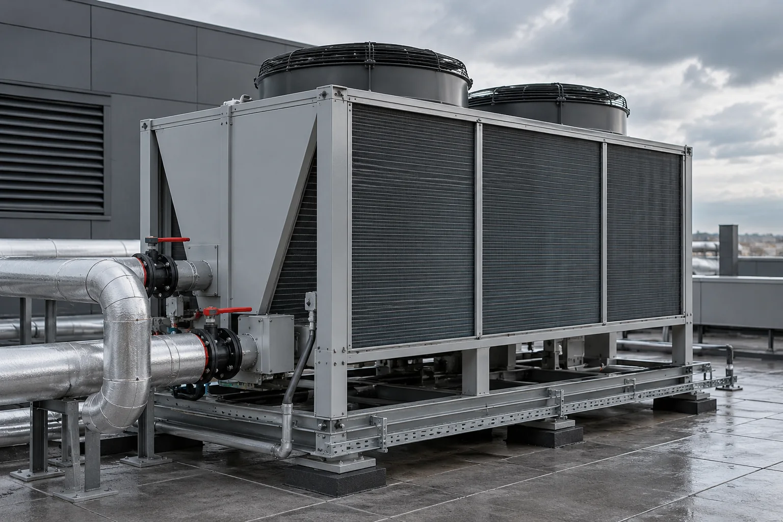 Çatı tipi chiller, fanlar ve yalıtımlı soğutma hatları