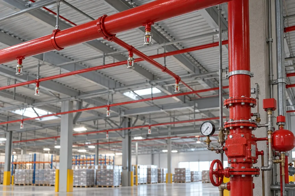 Kapalı sprinkler başlıkları ve kırmızı boru ağı bulunan depo içi ıslak borulu sprinkler tesisatı