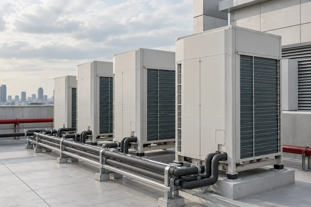 Çatıda VRF klima dış üniteleri ve yalıtımlı boru hatları