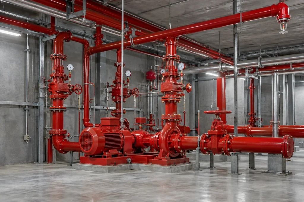 Kırmızı yangın boruları, pompa ve sprinkler ekipmanları