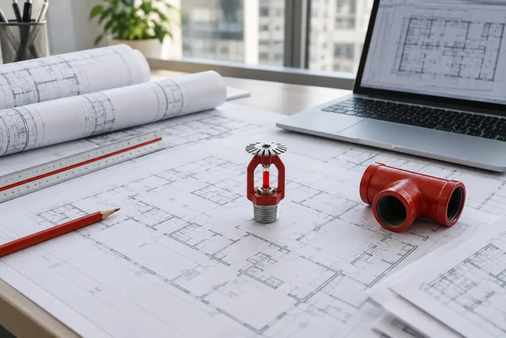 Bina planları ve sprinkler ekipmanı ile yangın tesisatı proje hazırlığı